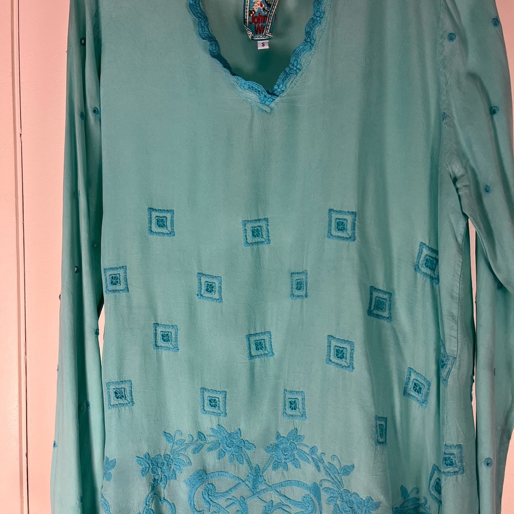 Johnny Was Aqua Blue Embroidered Tunic